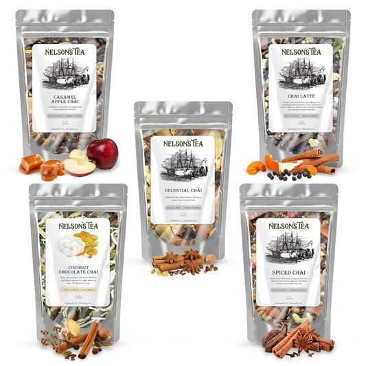 Nelson's Tea Chai Sampler Pack 5 Flavors Variety Loose Leaf Tea, 2 Oz | Chai Latte • Caramel Apple Chai • Celestial Chai • Coconut Chocolate Chai • Spiced Chai • Loose Leaf Tea Sampler