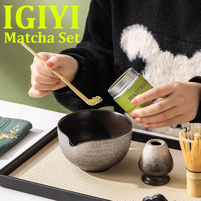 Japanese Matcha Set 7pcs - Ceramic Bowl & Hyaku Hon Tachi Bamboo Whisk (Chasen), Chashaku Spoon, Strainer, Cloth - Traditional Tea Ceremony Kit