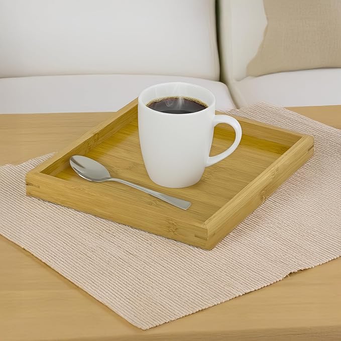 Bam & Boo Natural Bamboo Serving Tray Modern Square (Bamboo, 9.75” x 9.75" x 1.2") for Food, Drinks, Decor, Vanity in Home, Kitchen, Bathroom