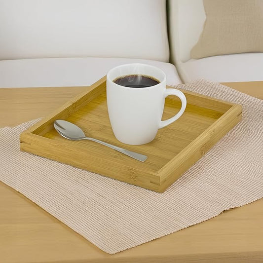 Bam & Boo Natural Bamboo Serving Tray Modern Square (Bamboo, 9.75” x 9.75" x 1.2") for Food, Drinks, Decor, Vanity in Home, Kitchen, Bathroom, Coffee Table, Bed