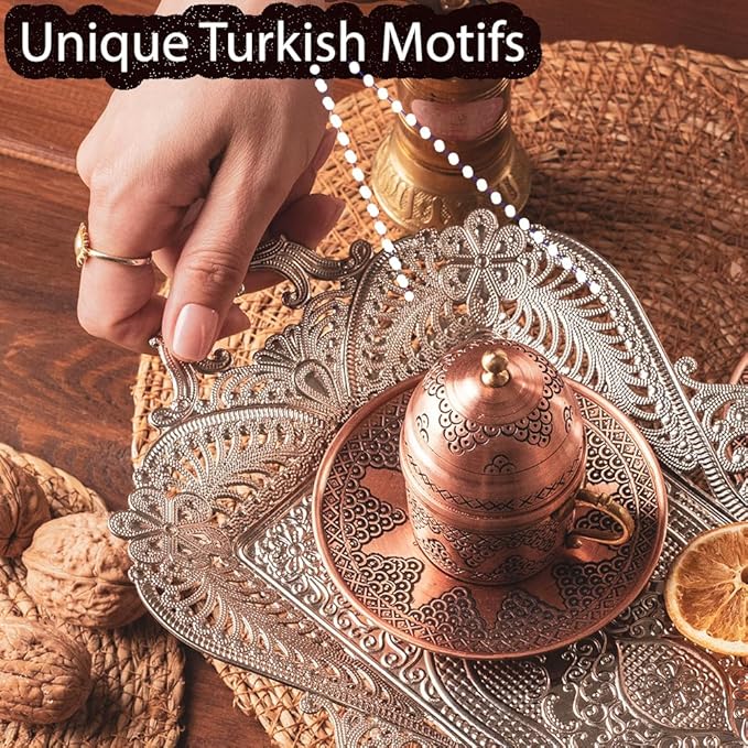 Small Silver Turkish Metal Coffee Tea Serving Tray Table Home Decor Decorative Handles