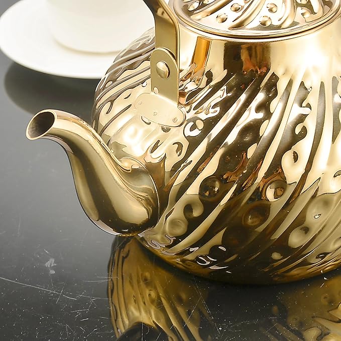 SANQIAHOME 2000ml stainless steel antique style teapot,with Infuser, thickened boiling kettle, lifting handle,Gold