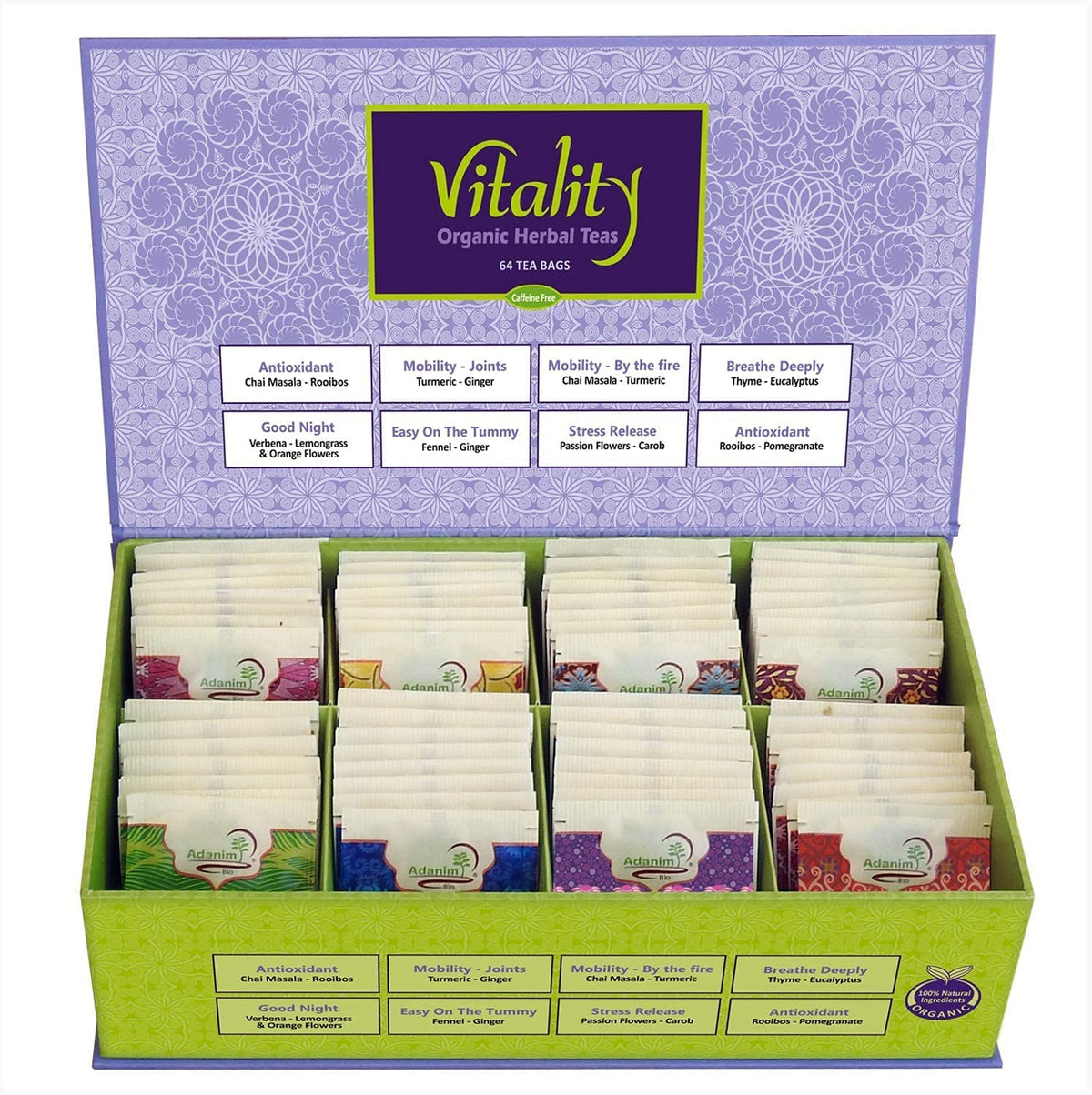Adanim Bio Vitality Organic Herbal Tea Sampler Gift Box Caffeine Free 8 Unique Flavors for Tea Lovers 64 Individually Wrapped