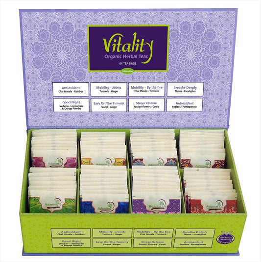 Adanim Bio Vitality Organic Herbal Tea Sampler Gift Box Caffeine Free 8 Unique Flavors for Tea Lovers 64 Individually Wrapped