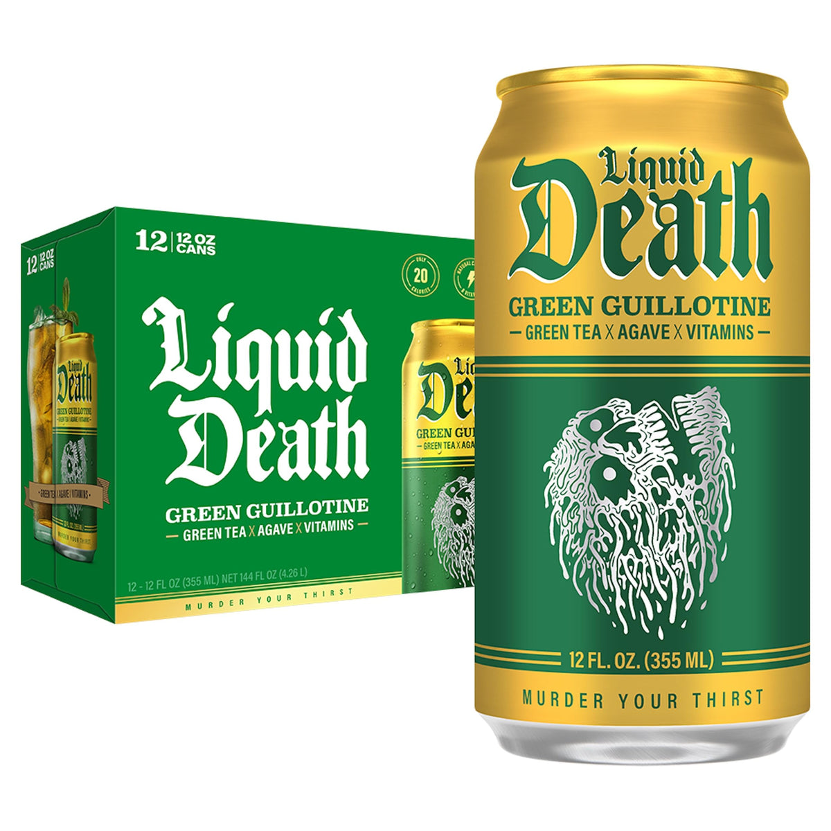 Liquid Death Iced Tea - Green Guillotine (Green Tea), Less Sugar*, Boost of Caffeine, B Vitamins, No Artificial Sweetene