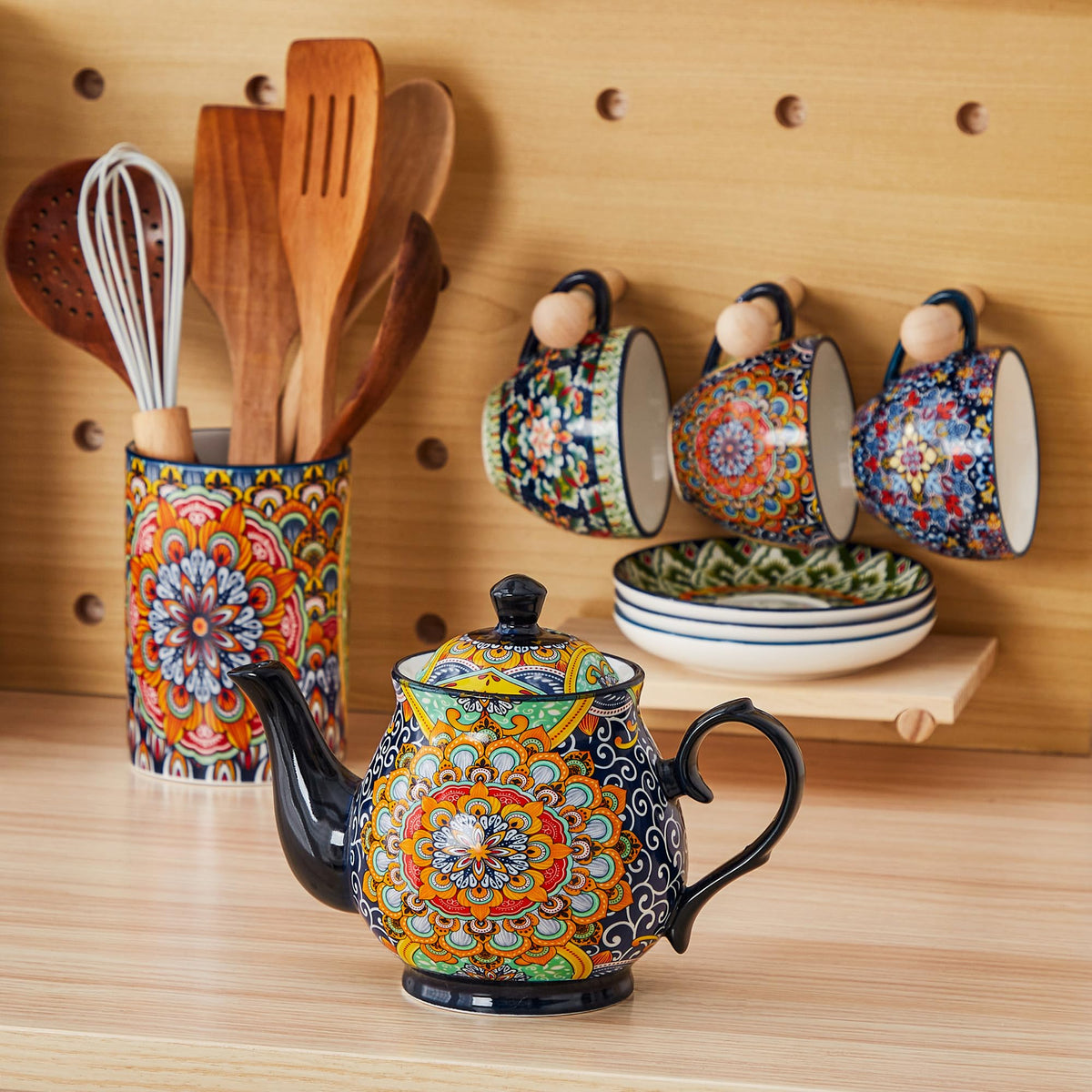 vancasso SIMI 28 oz Porcelain Teapot, Bohemian Ceramic Tea Pot with Regal Bloom Pattern, Microwave & Dishwasher Safe