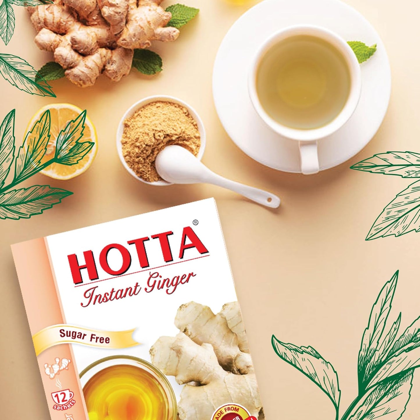 HOTTA Instant 100% Ginger Drink Powder, No Sugar, Bold & Spicy, Caffeine-Free Herbal Tea, Easy to Brew, Enjoy Hot or Cold, Real Thai Ginger, 12 Sachets