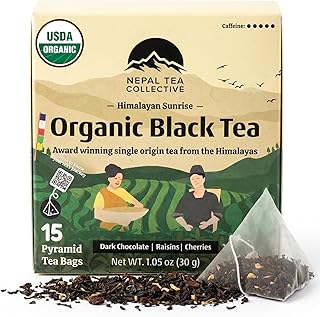 NEPAL TEA Organic Black Tea Bags from the Himalayas - 15 Pyramid Tea Bags, Single Origin from a Family Farm - Black Tea Bags with Loose Leaf Tea Inside (Himalayan Sunrise)