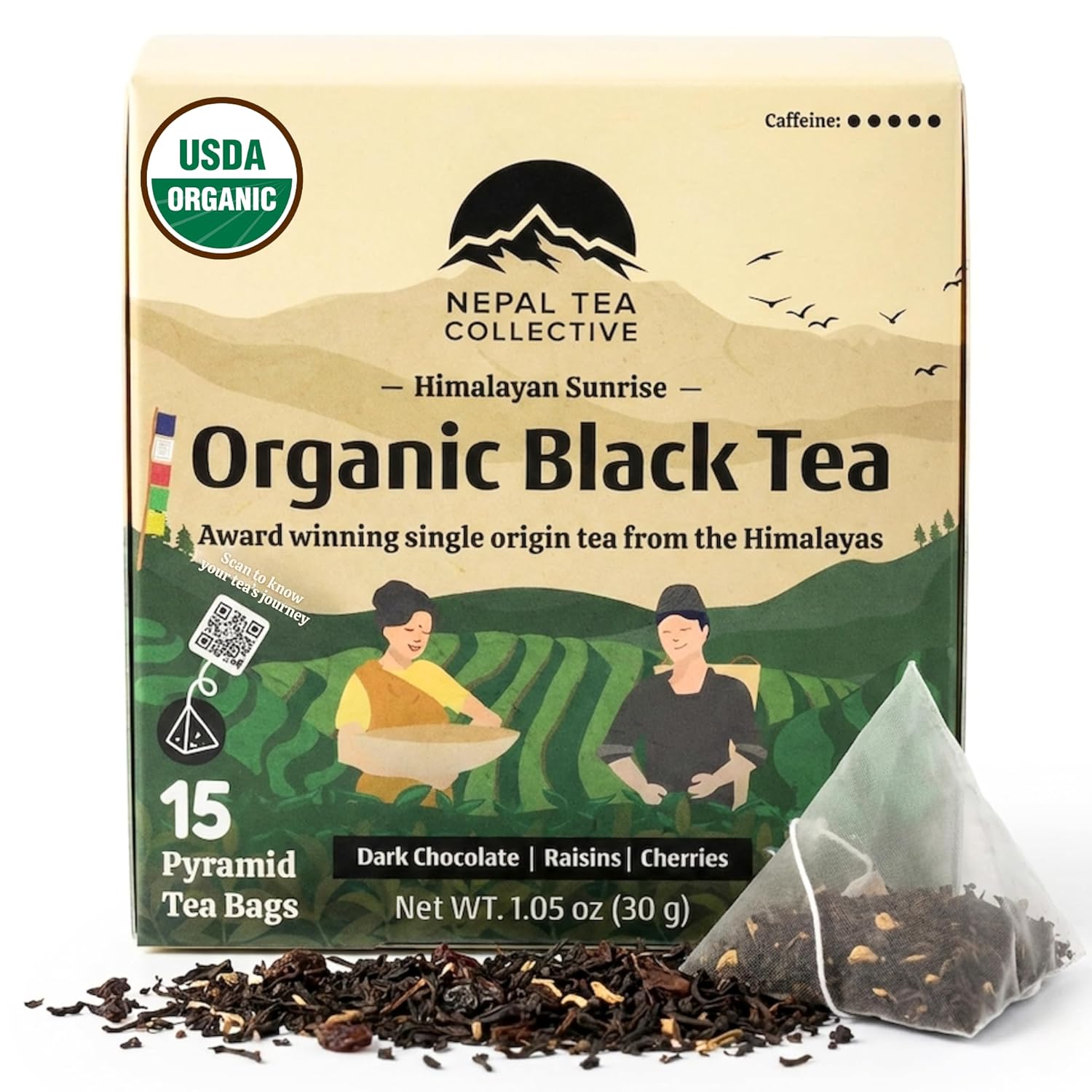 NEPAL TEA Organic Black Tea Bags from the Himalayas - 15 Pyramid Tea Bags, Single Origin from a Family Farm - Black Tea Bags with Loose Leaf Tea Inside (Himalayan Sunrise)