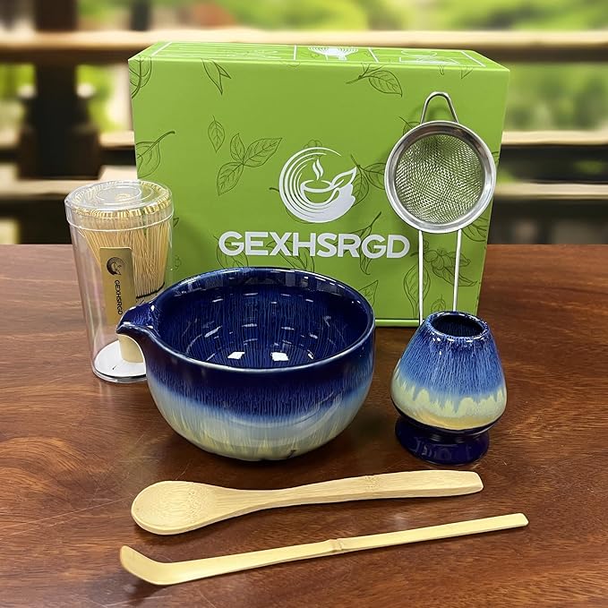 Matcha Whisk Set 6 pc Kit - Traditional Japanese Chasen, Bamboo Whisk Holder, Ceramic Bowl with Spout, Sifter & 2 pc Spoons - matcha kit set