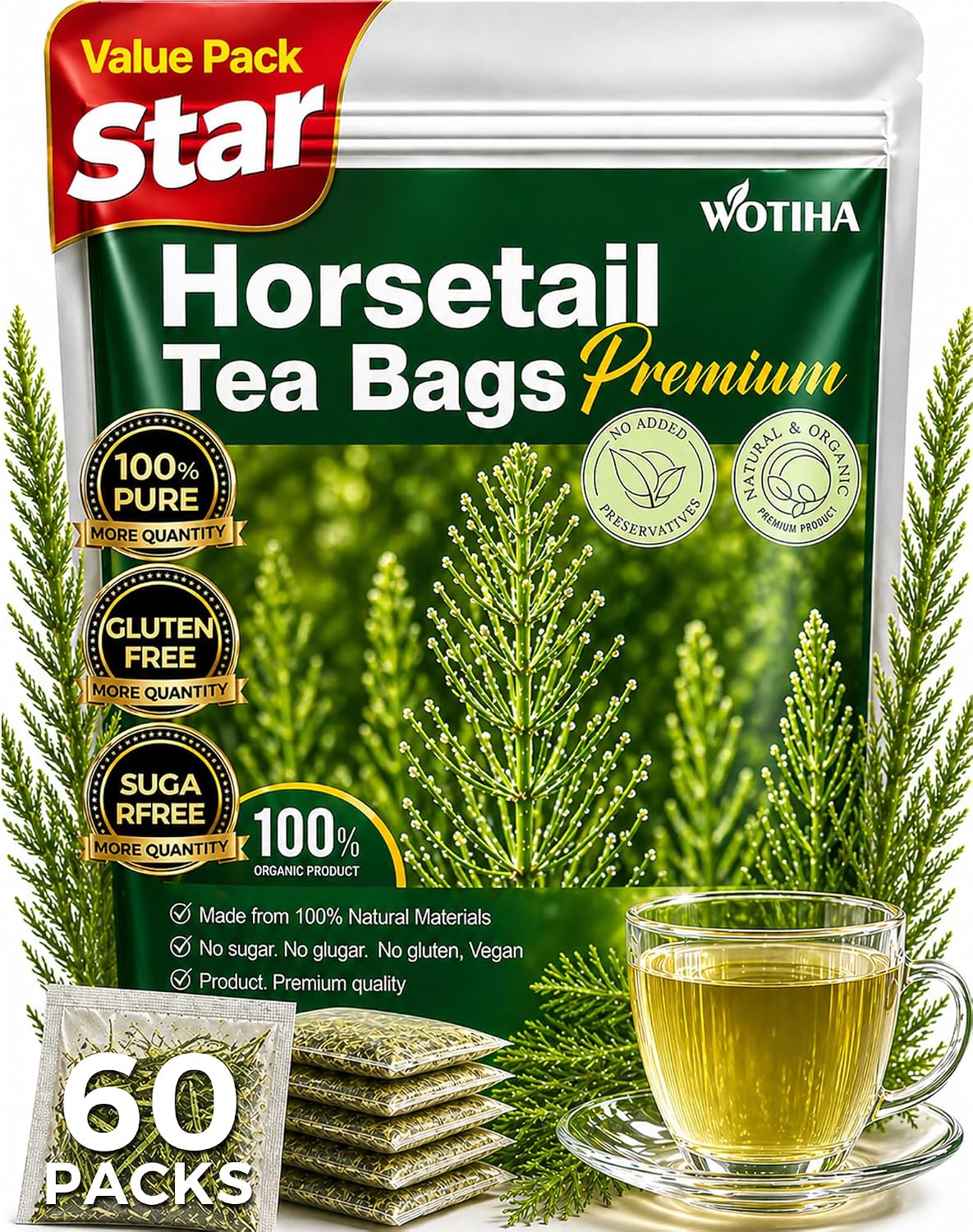 WOTIHA 60 Count Premium Horsetail Tea Bags - 100% Natural Pure Herb, Supports Hair &amp; Nail Health, Caffeine/Additive/Sugar-Free, Non-GMO, Cola De Caballo Hierba