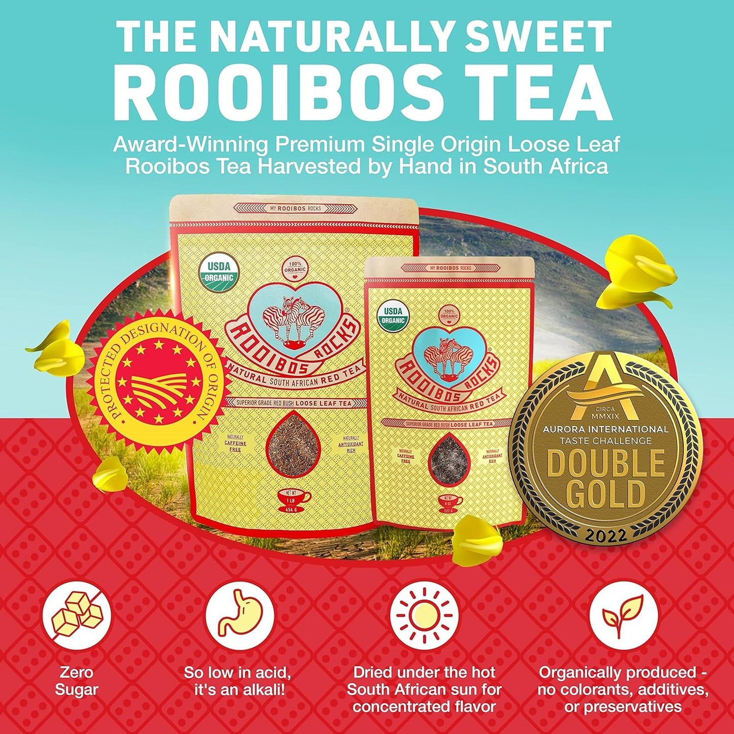 Naturally Sweet Organic Rooibos Tea - 8 oz Premium Loose Leaf Rooibos Tea – Caffeine-Free and Sugar Free Red Rooibos Tea Organic – Low-Tannin and Antioxidant-Rich Rooibos Tea Loose Leaf