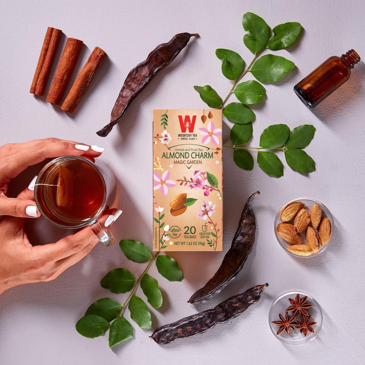 Wissotzky Almond Charm Tea Bags (4 Pack - 20 bags each) Caffeine Free, Infused With Premium Fruit & Herbal Tea Leaves “AKA
