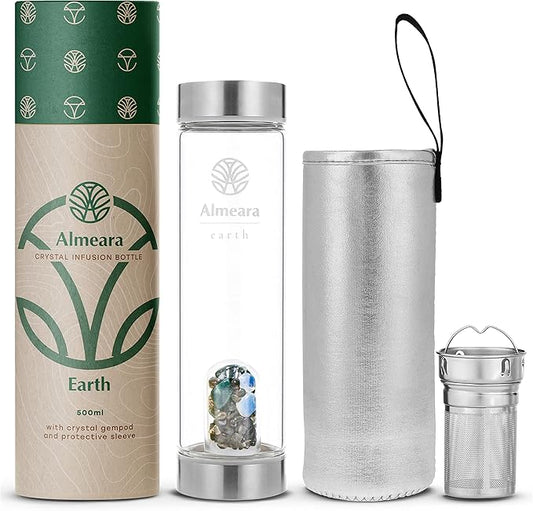 Almeara Crystal Water Bottle with Authentic Moss Agate, Opal Stones & Smoky Quartz Removable Gemstones, Loose Leaf Tea Infuser - Relaxation