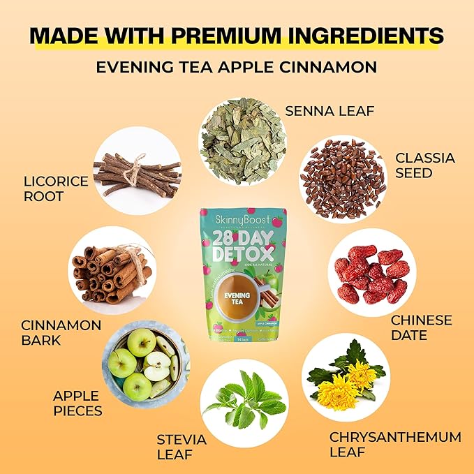 Skinny Boost Evening Detox Tea-APPLE Cinnamon -14 Tea Bags Total, Supports Detox and Cleanse, Reduce Bloating, 100% All Natural, Vegan, Non GMO