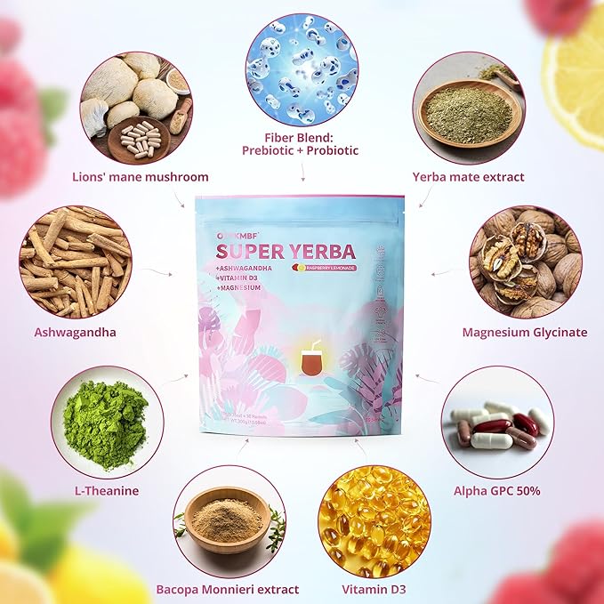 OTYKMBF Super Yerba Instant Powder Packets, Mate Tea with Raspberry Lemonade Flavor, 30 Servings Yerba Mate for Calm Energy, Focus Boost and Gut Health