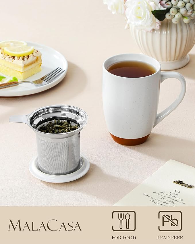Malacasa Ceramic Tea Mug with Lid and Stainless Steel Infuser, 18 oz Large Tea Cup for Loose Leaf Tea, Heat-Resistant, Microwave & Dishwasher Safe