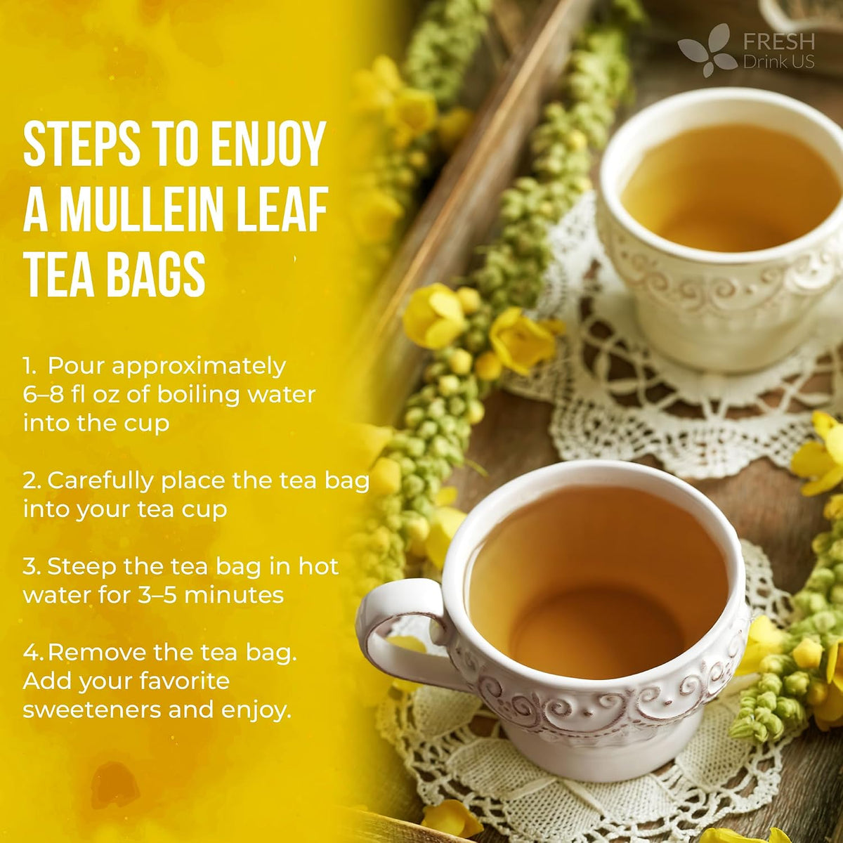 FreshDrinkUS, Premium 80 Mullein Leaf Tea Bags – 100% Natural, Pure, &amp; Caffeine-Free Herbal Tea for Lung – Loose Leaf, No Sugar, Vegan, Gluten-Free, Made with Natural Material Tea Bags