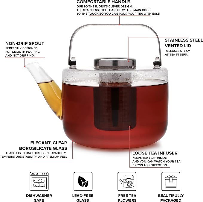 Viva Bjorn Borosilicate Glass Tea Pot for Stovetop with Loose Leaf Tea Infuser Mesh - 40 ounce/1.18 Liter