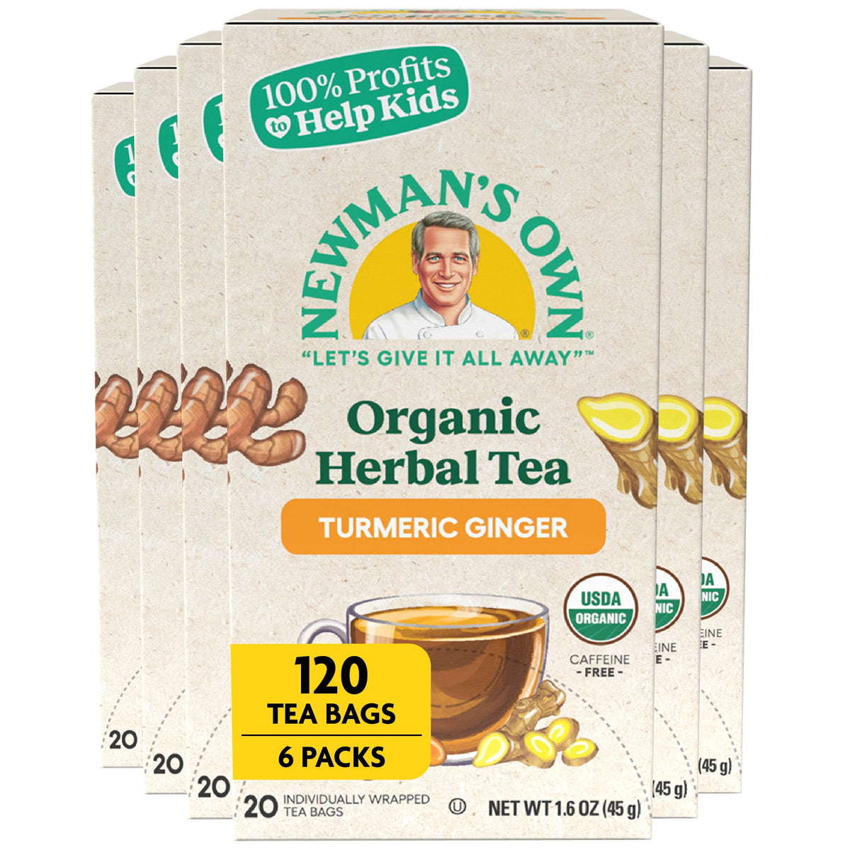 Newman's Own Organic Turmeric Ginger Herbal Tea, Caffeine-Free, Savory & Spicy Flavors Combined For The Perfect Cup Of Tea, 6
