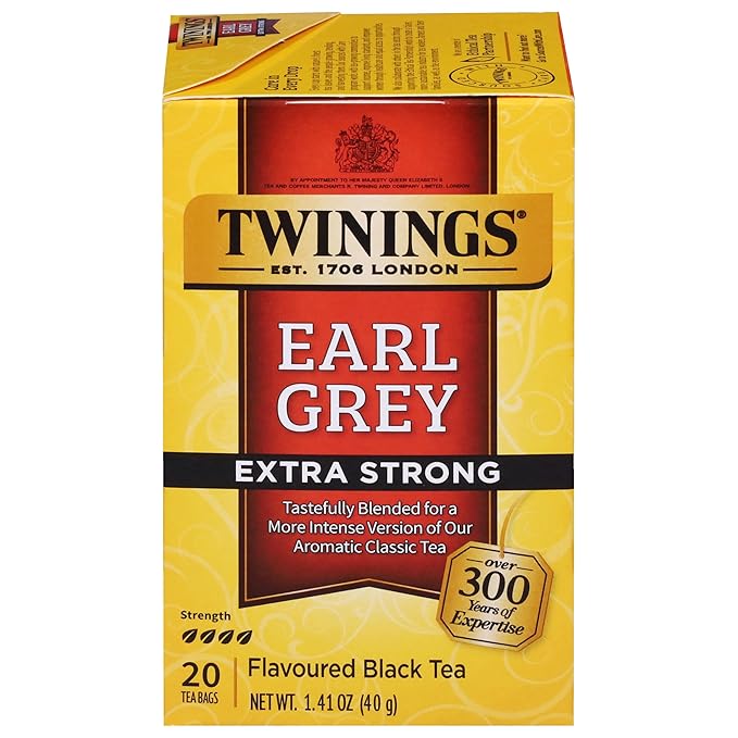 Twinings Earl Grey Extra Strong Black Tea Individually Wrapped Bags, 20 Count (Pack of 1), Flavoured with Citrus and Bergamot, Caffeinated, Enjoy Hot or Iced, 20 Teabags