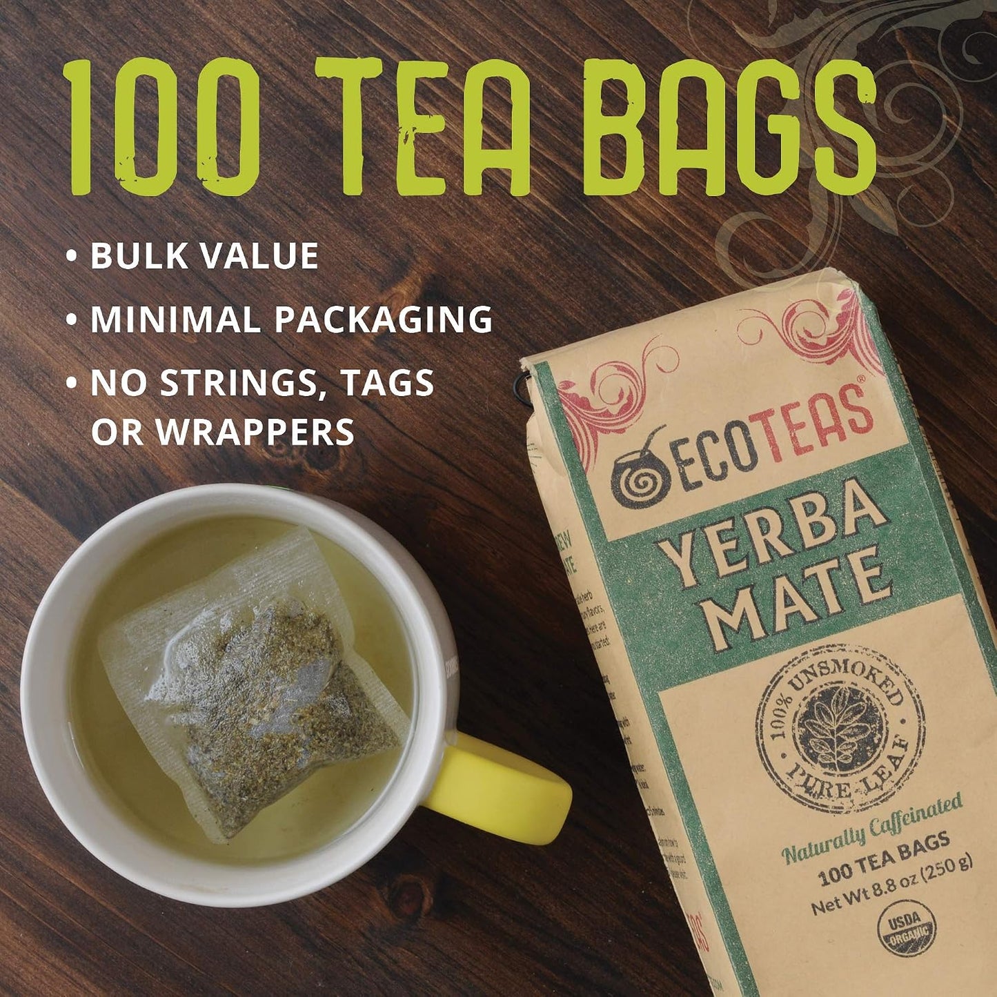 ECOTEAS Organic Yerba Mate Tea Bags Unsmoked 100 Count 8.8 oz Pack of 3 | Organic unsmoked 100 ct pack of 3 300 servings, USDA organic kosher non-GMO, low acid best value 3-pack