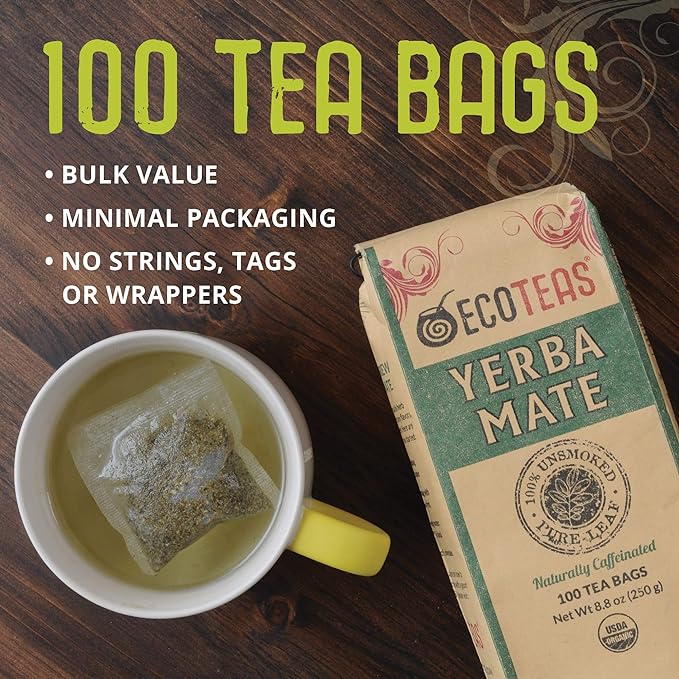ECOTEAS PremiumOrganic Yerba Mate Tea Bags – Natural Energy & Detox Herbal Tea – Coffee Alternative - Kosher, Non-GMO, Gluten-Free - 100 Unsmoked Bulk Bags, 8.8 oz (Pack of 3)