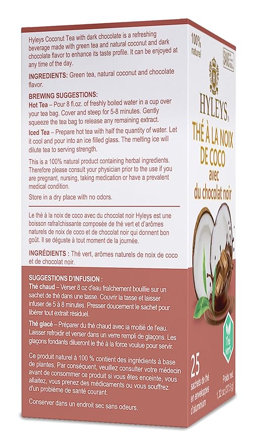 Hyleys Wellness Natural Coconut Tea With Dark Chocolate - 25 Tea Bags (Gmo Free, Gluten Free, Dairy Free, Sugar Free & 100% Natural)