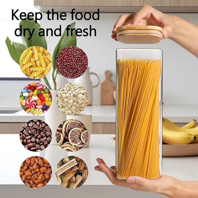 2.2 Qt Square Glass Storage Containers with Lids, Clear Food Storage Container Jar with Sealing Bamboo Lid Storage Containers for Pasta, Oats, Coffee