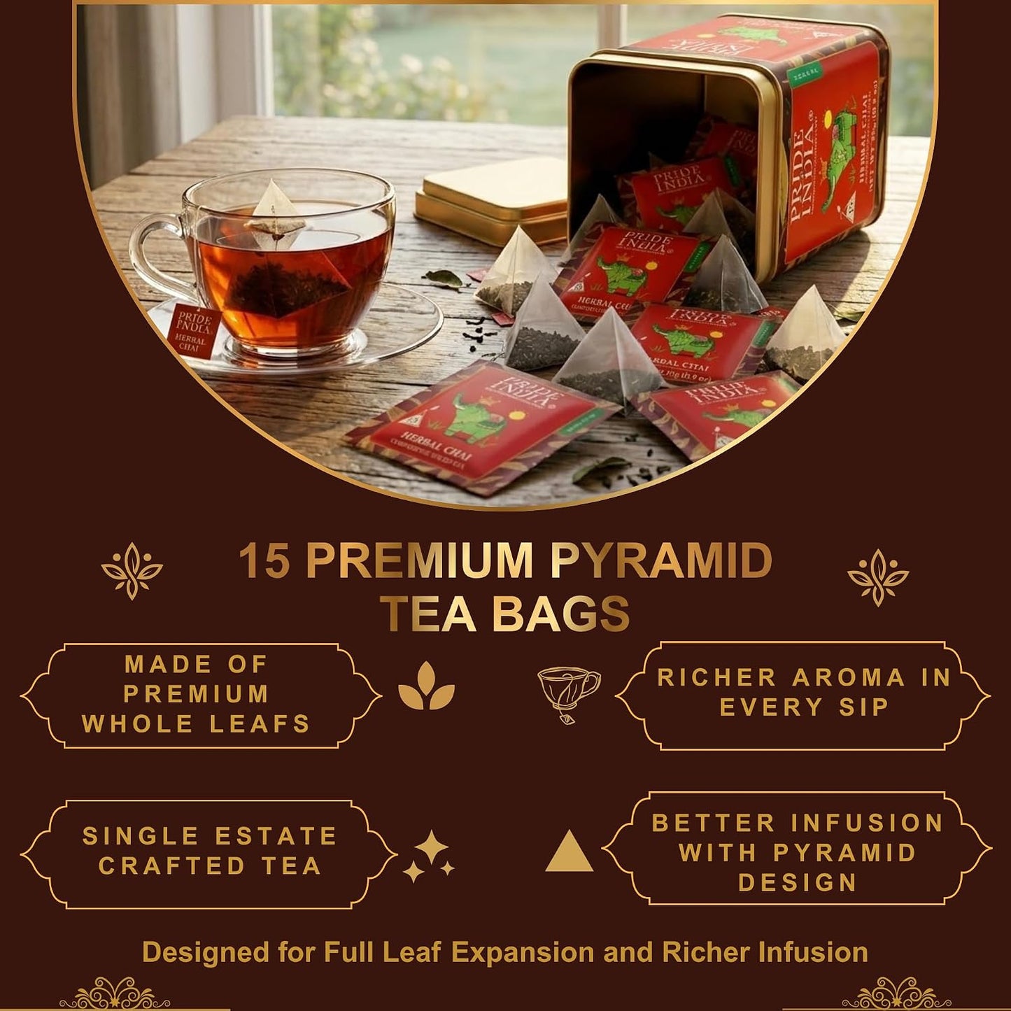 Pride of India Herbal Chai Spiced Tea – 90 Pyramid Tea Bags (6 PACK) | Individually Wrapped Warm &amp; Comforting Spice Tea with Tulsi, Cinnamon, Cardamom, Clove, Ginger &amp; Black Pepper | Caffeine Free