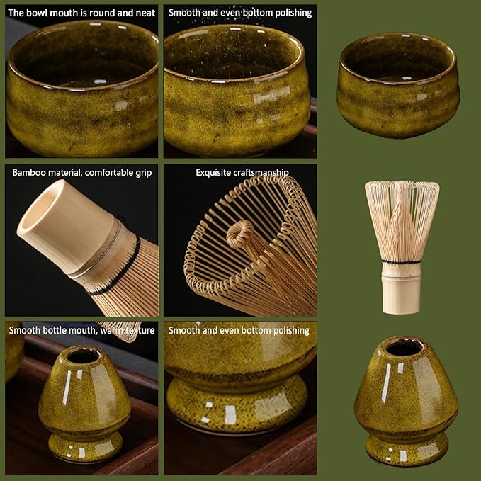 7PCS/Set Matcha Whisk Set Includes Matcha Bowl, Bamboo Whisk, Holder, Sifter, Tea Scoop, Scoop Holder and Tea towel, Japanese Yellow-Green.