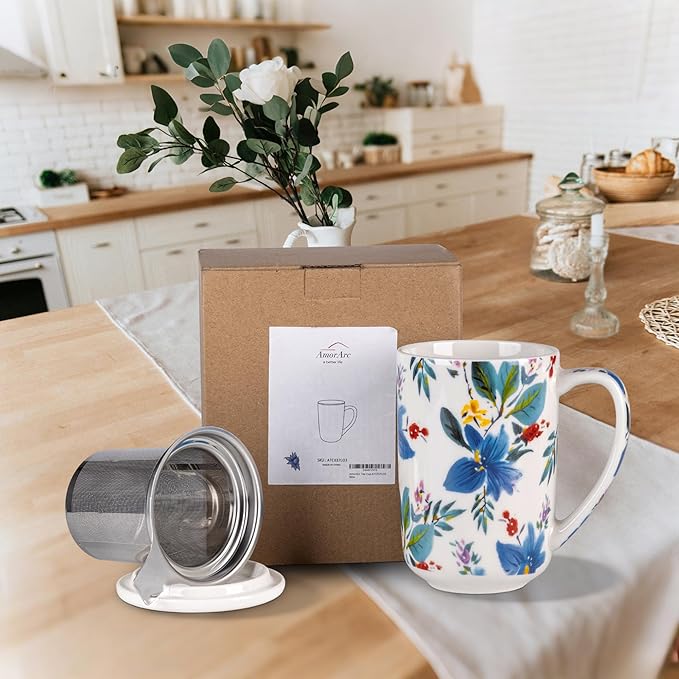 AmorArc Porcelain Tea Mug with Infuser and Lids, 18 Oz Coffee Cup Strainer with Bag Holder for Loose Leaf Tea