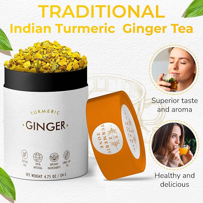 Turmeric Zone Organic Turmeric Ginger Decaf Tea with Turmeric Root, Ginger Root, Cinnamon and Black Pepper - 4.75 oz