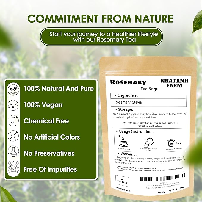 Nhat ANH Farm Premium Rosemary Tea Bags, 40 Count, 100% Natural Dried Rosemary Leaves, Naturally Sweet Herbal Tea, Sugar-Free, Caffeine-Free