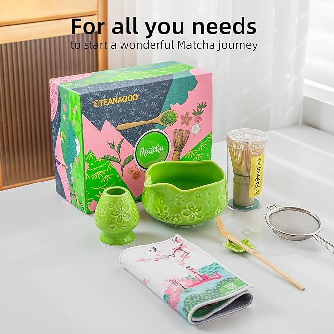 Teanagoo 7-PCS Green Matcha Whisk Set with Cherry Blossom Design, Complete Ceremony Kit, Ceramic Chawan Bowl with Spout, Whisk & Accessories