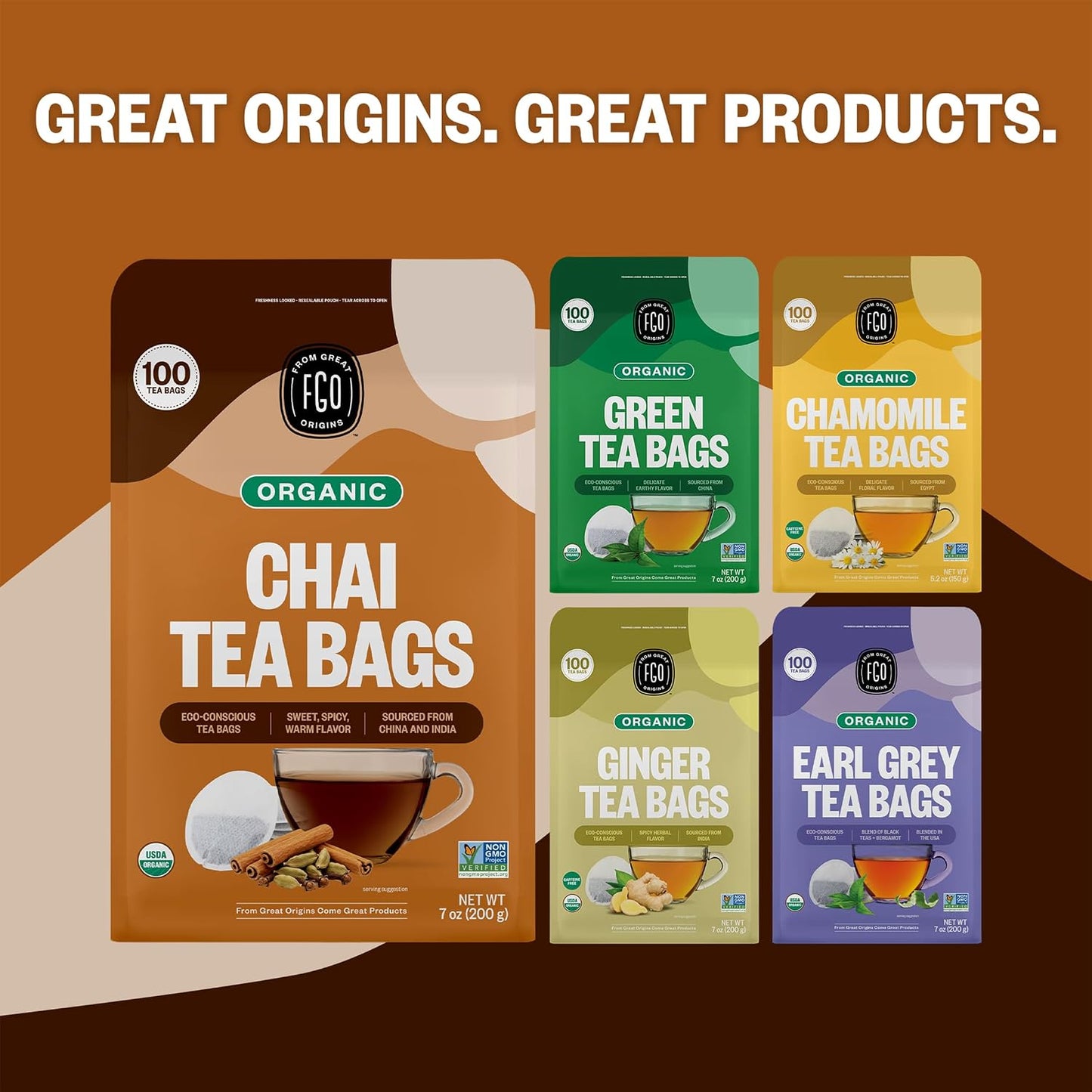 FGO Organic Chai Tea, 100 Count, Eco-Conscious Tea Bags, Resealable Bag, Packaging May Vary (Pack of 1)