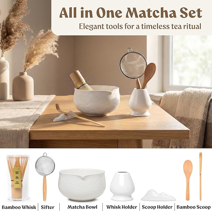 Matcha Kit Whisk Set (7 Pcs) - Complete Matcha Set, Matcha Bowl with with Bowl, Whisk and Holder, Bamboo Spoon/Scoop, Scoop Rester and Sifter incl