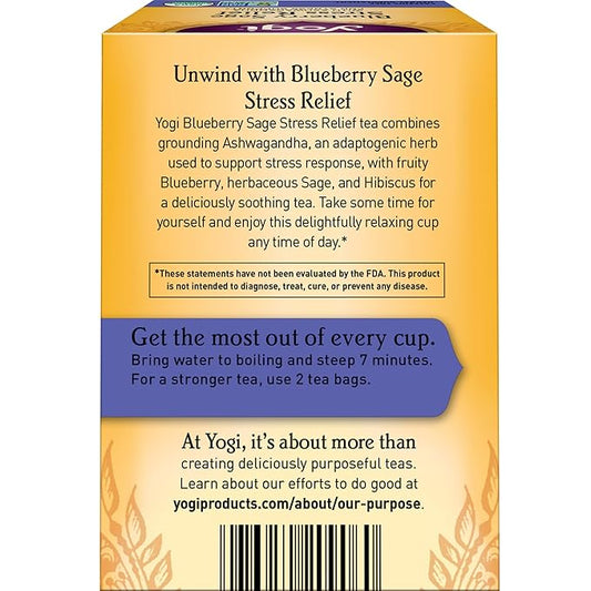 Yogi Tea Blueberry Sage Stress Relief - 16 Tea Bags per Pack (4 Packs) - Relaxing, Calming Tea to Support Stress Response - Includes Ashwagandha