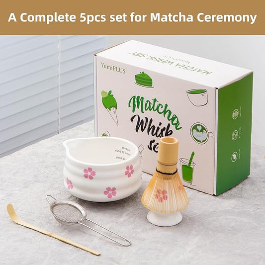 5pcs Premium Matcha Set,Ceramic Bowl with Spout and Bamboo Whisk set, Ceremonical Matcha Kit for breakfast/latte,Tea Starter Making Kit,Unique Matcha Gift set (sakura)
