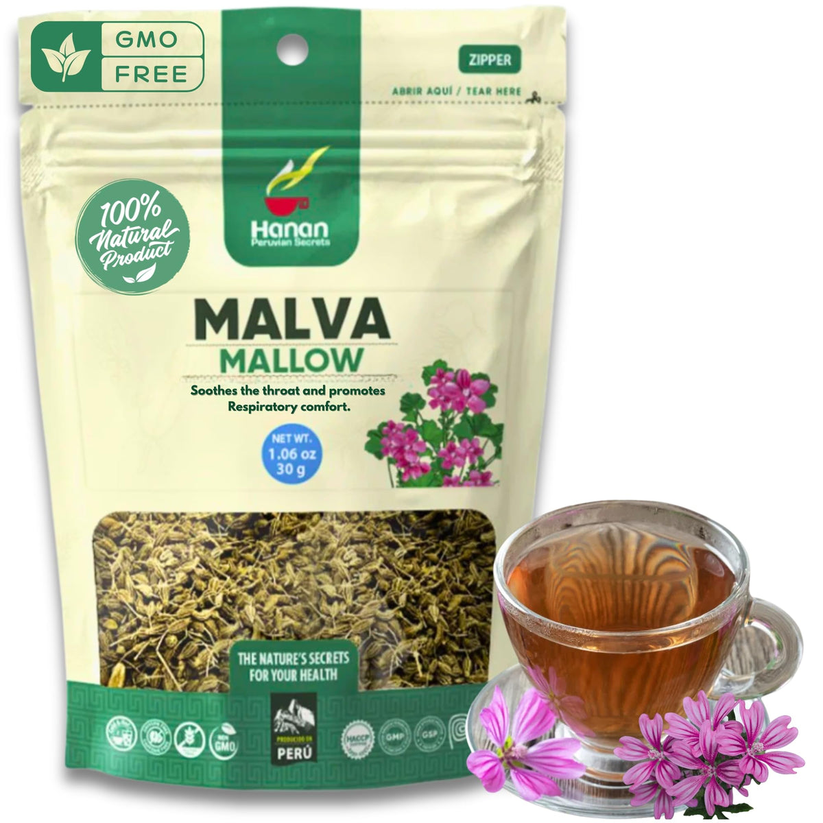 HANAN PERUVIAN SECRETS Hanan Mallow Tea Loose Leaf - Te de Malva 30g Herbal Tea Dried Malva Sylvestris Plant Leaves from Peru
