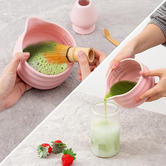 2pcs Matcha Bowl with Whisk Holder, Ceramic Pink Matcha Bowl with Spout, 16.5OZ Porcelain Bowl with Measurement Marks