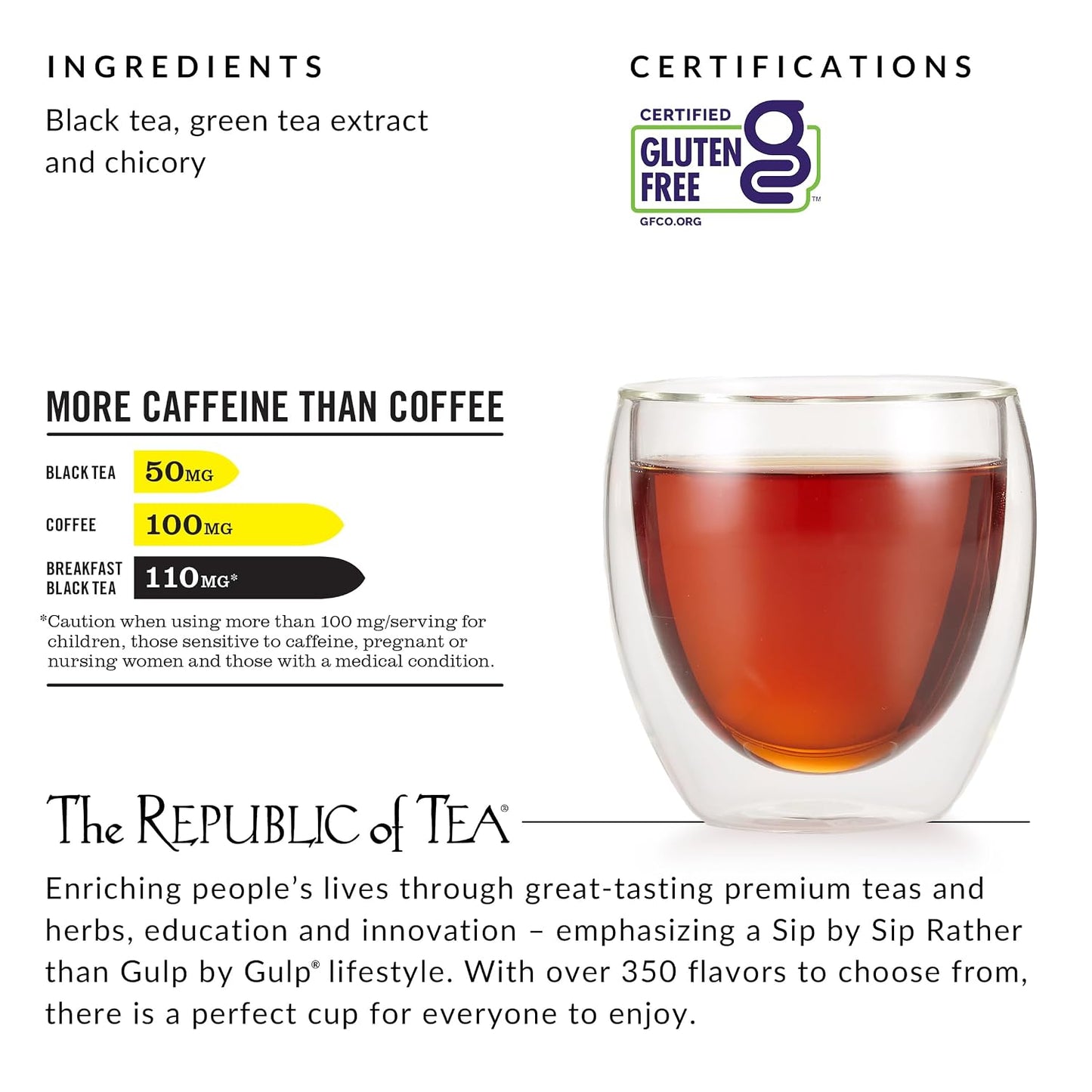 The Republic of Tea HiCAF Breakfast Black Tea, High Caffeine, 50 Count | A bold cup for morning or afternoon. Brisk and full-bodied with notes of roasted root. Gluten Free and Carb Free.