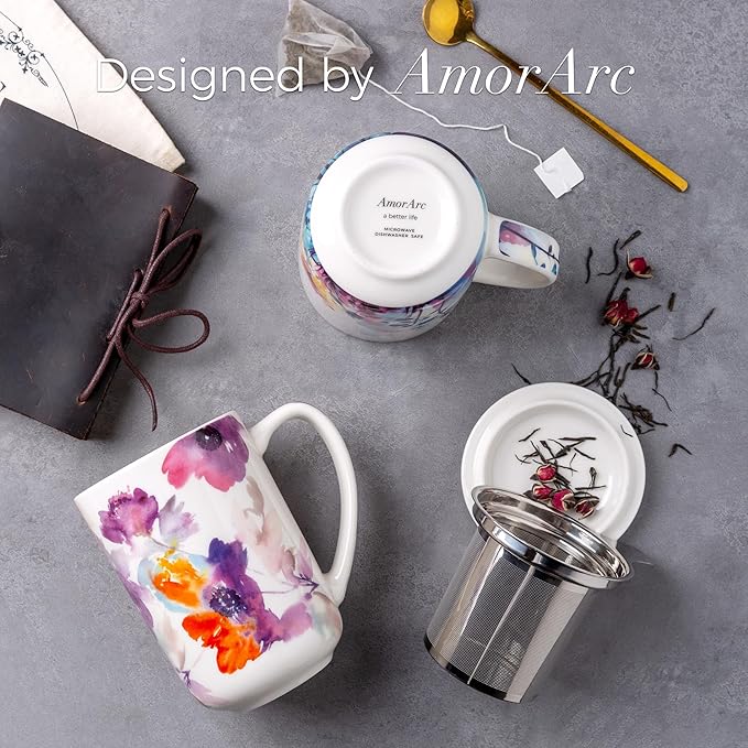 AmorArc Porcelain Tea Mug with Infuser and Lids, 18 Oz Large Cup Strainer with Bag Holder for Loose Leaf Tea