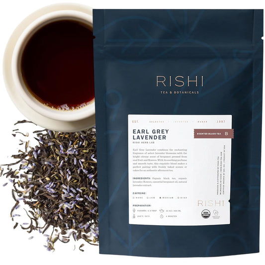 Rishi Tea Earl Grey Lavender Loose Leaf Pure Black Tea - Organic with Bergamot Oil and Lavender Flowers, Energizing & Caffeinated - 4 Ounces
