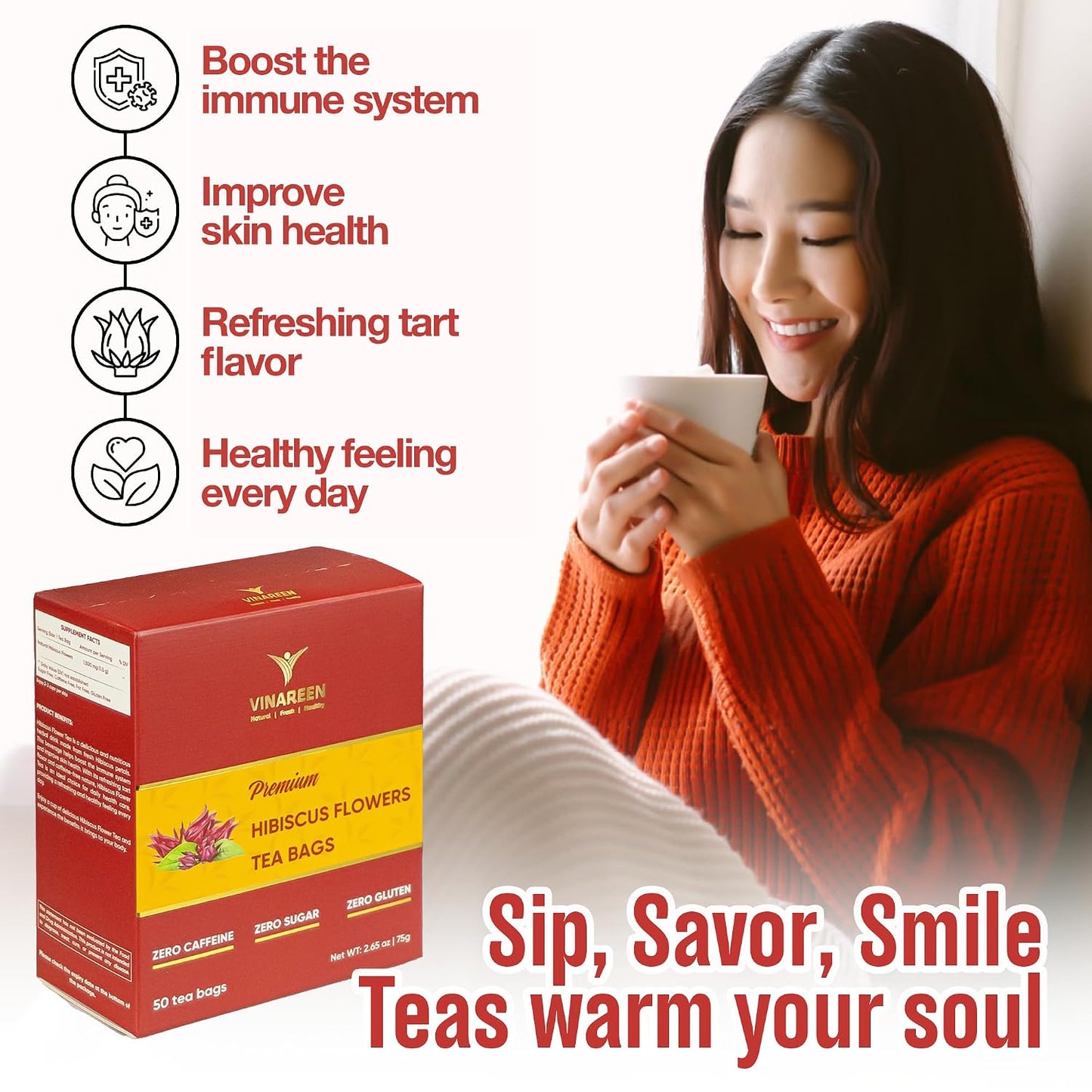 VINAREEN Hibiscus Tea Bags, 100 Count - Herbal Tea Made from Pure Hibiscus Flowers - Te De Flor De Jamaica - Caffeine Free, Sugar Free, Vegan, Non-GMO, No Additives.