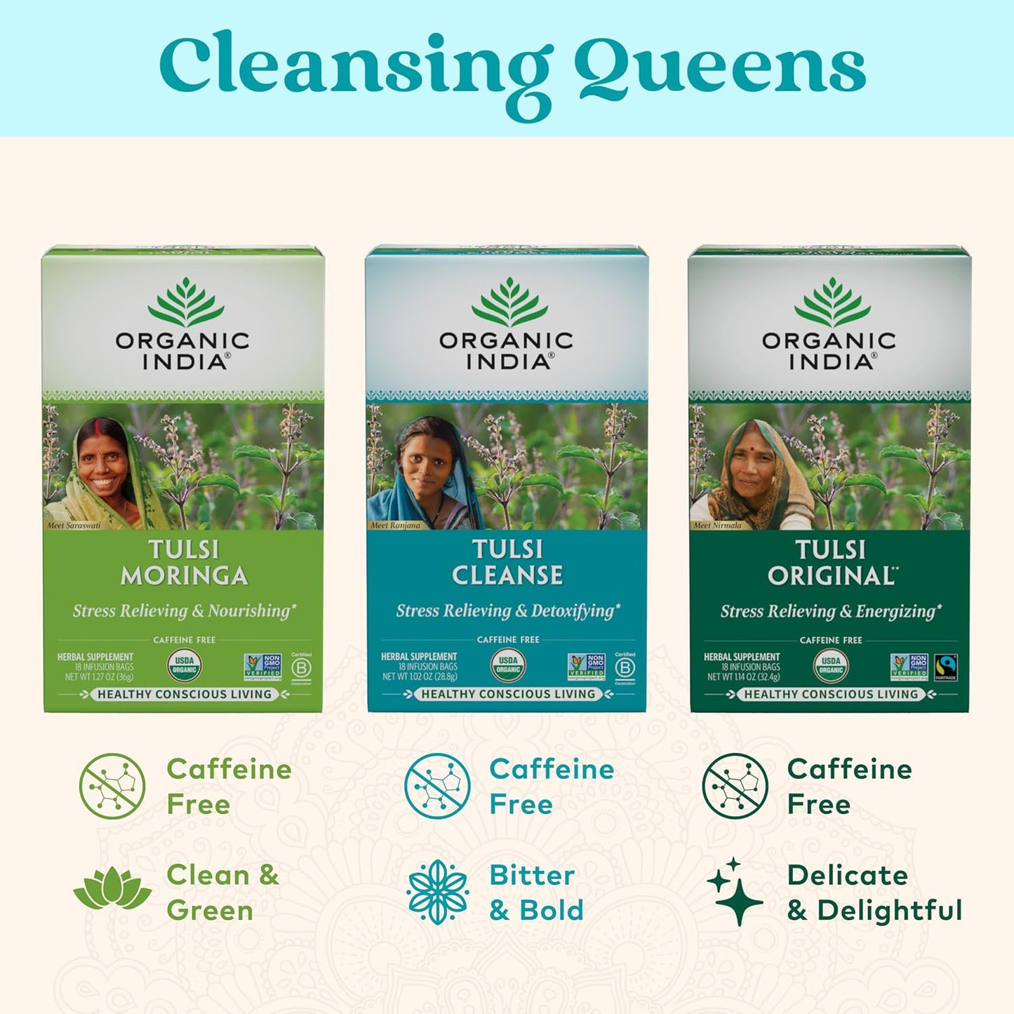 Organic India Tulsi Cleanse Detox Tea - Holy Basil, Ginger, Turmeric, Herbal Tea, Stress Relieving &amp; Cleansing, Immune Support, Adaptogen, Organic, Non-GMO, Caffeine-Free - 18 Infusion Bags, 6 Pack