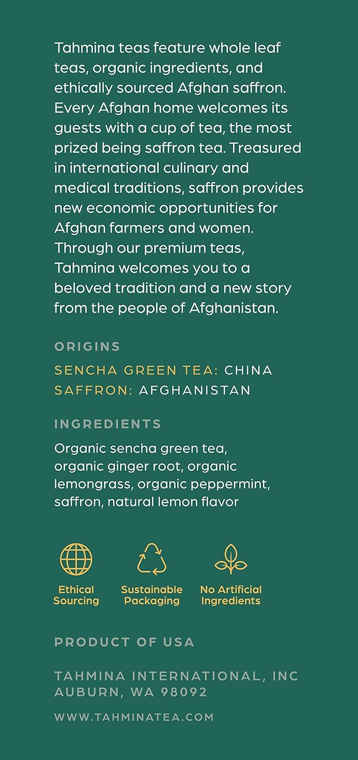 Tahmina Saffron Sencha Tea: Chinese Green Tea Blend with Afghan Saffron, Moderately Caffeinated Tea, 12 Biodegradable Pyramid Tea Bags, Makes 36 Cups (1 Pack)