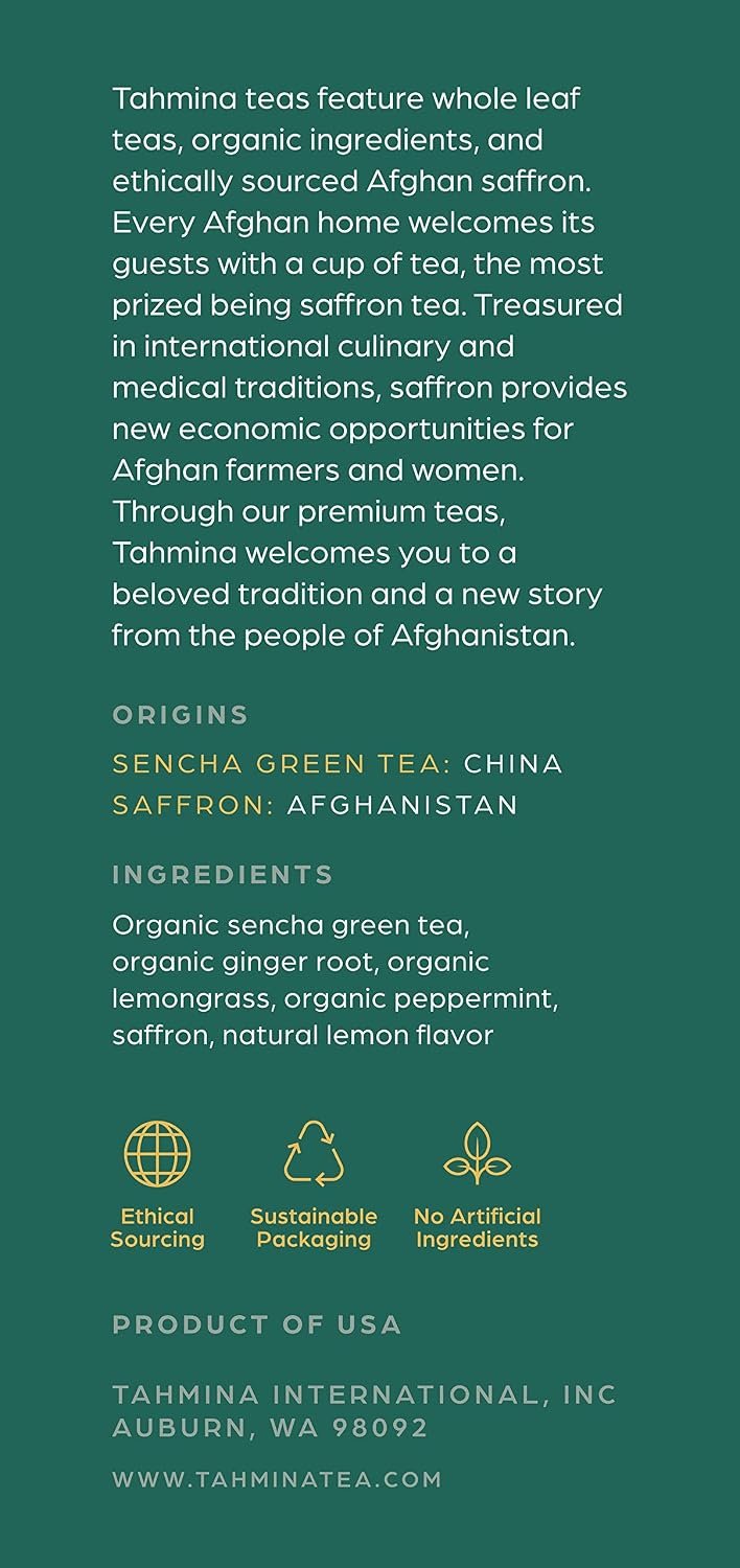 Tahmina Saffron Sencha Tea: Chinese Green Tea Blend with Afghan Saffron, Moderately Caffeinated Tea, 12 Biodegradable Pyramid Tea Bags, Makes 36 Cups (1 Pack)