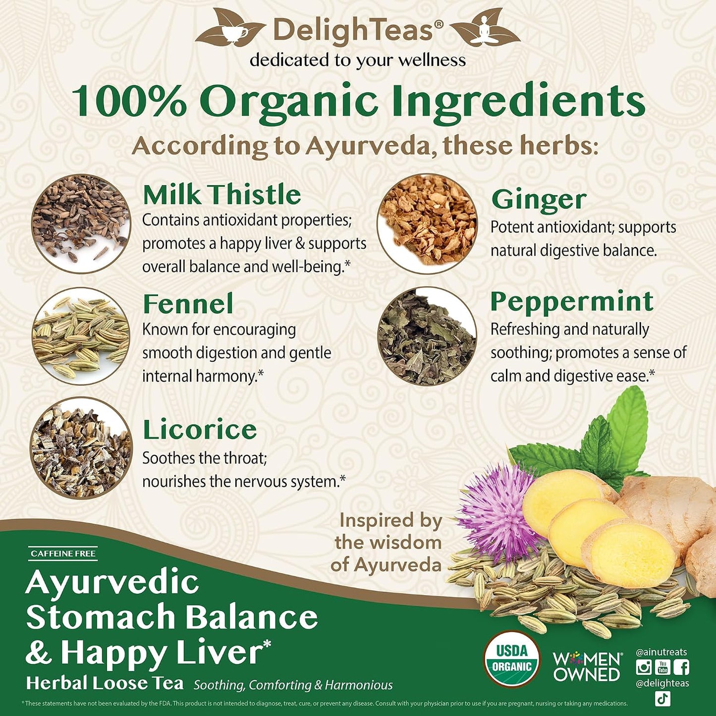 DelighTeas Stomach &amp; Liver Tea | Ayurvedic Herbal Blend for Digestion | Organic Milk Thistle, Fennel, Ginger, Peppermint &amp; Licorice | Vegan, Caffeine-Free, Sugar-Free | Loose Leaf, 50 Servings, 5oz