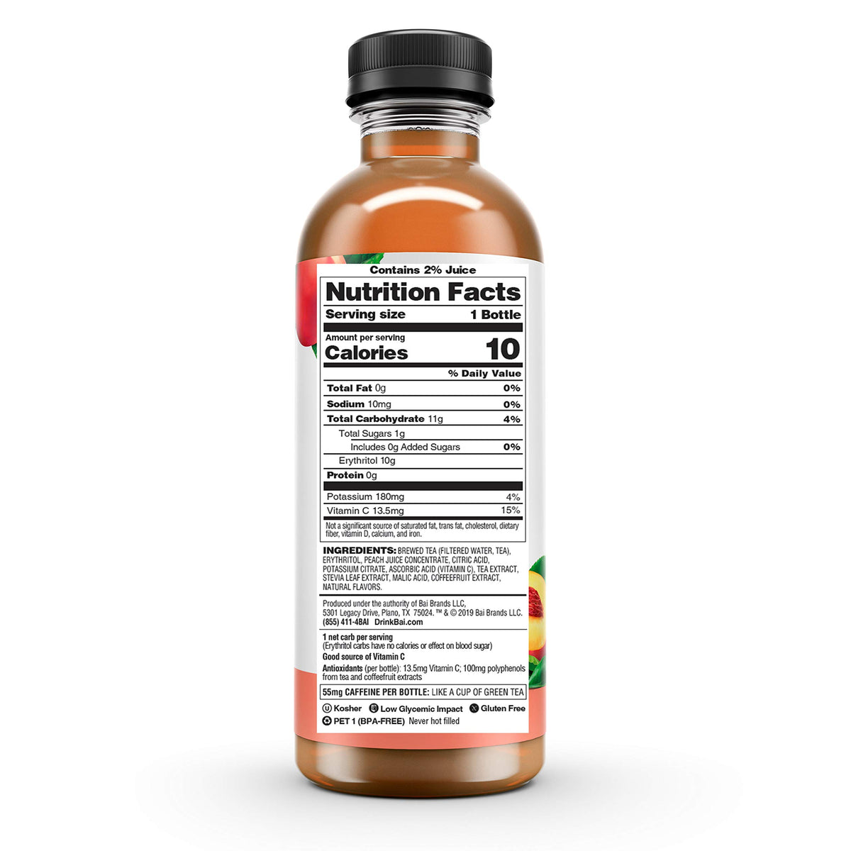 Bai Iced Tea, Narino Peach, Antioxidant Infused Supertea, Crafted with Real Tea (Black Tea, White Tea), 18 Fluid Ounce B